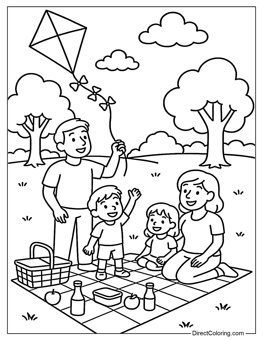 A coloring page of a family camping and flying a kite next to a picnic mat in the middle of a park.
